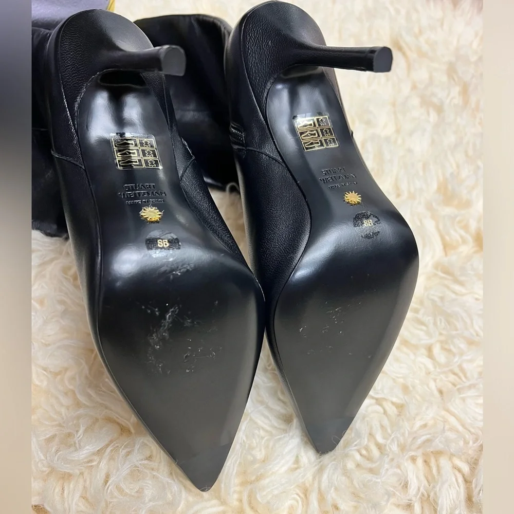 Stuart Weitzman Black Leather Over-the-Knee Pointed Toe Stiletto Boots - Picture 10 of 14